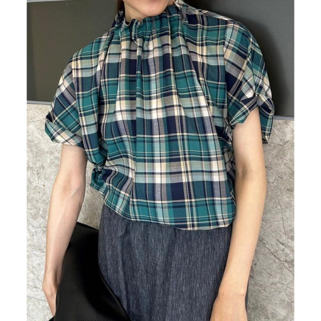 ルクールブラン（le．coeur blanc）/《手洗い可能》チェックハイネックギャザードルマンフレンチブラウス