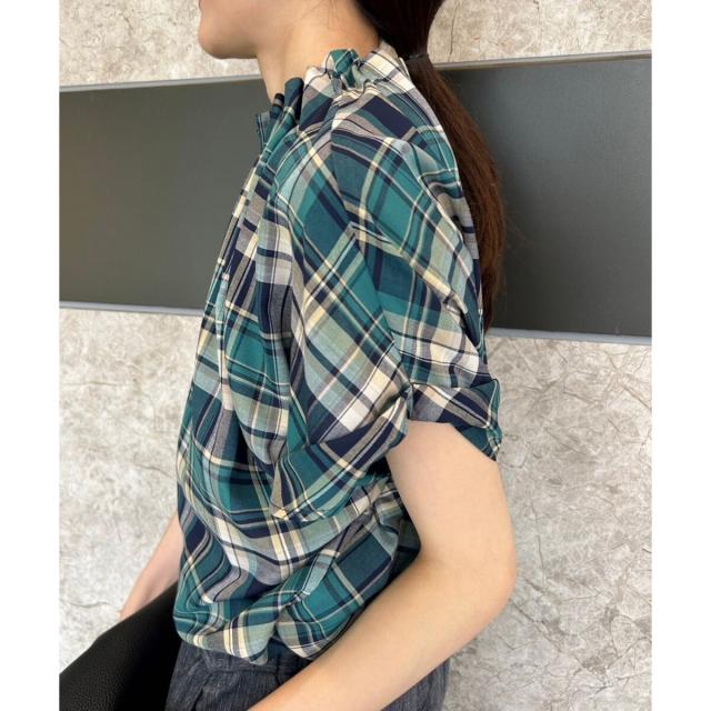 ルクールブラン（le．coeur blanc）/《手洗い可能》チェックハイネックギャザードルマンフレンチブラウス