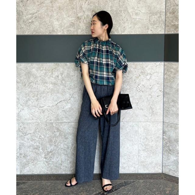 ルクールブラン（le．coeur blanc）/《手洗い可能》チェックハイネックギャザードルマンフレンチブラウス