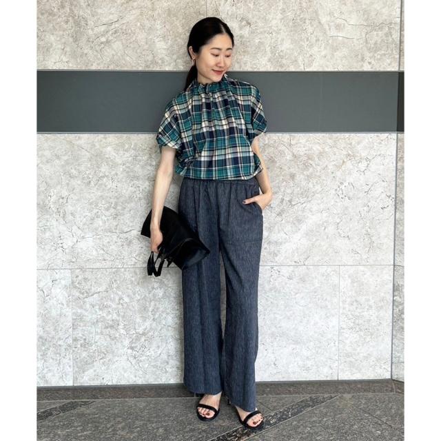 ルクールブラン（le．coeur blanc）/《手洗い可能》チェックハイネックギャザードルマンフレンチブラウス