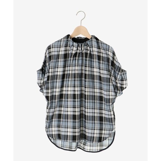 ルクールブラン（le．coeur blanc）/《手洗い可能》チェックハイネックギャザードルマンフレンチブラウス