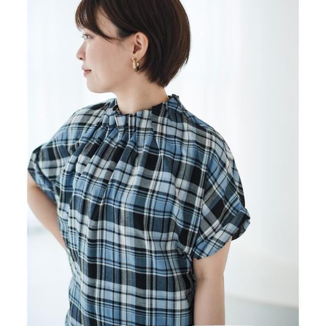 ルクールブラン（le．coeur blanc）/《手洗い可能》チェックハイネックギャザードルマンフレンチブラウス