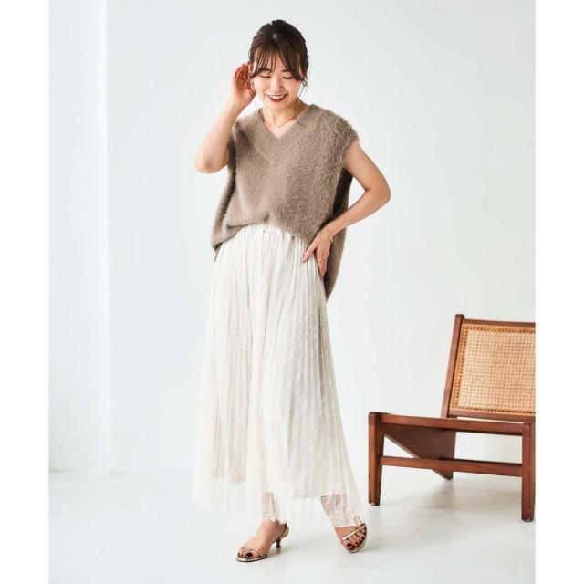 ルクールブラン（le．coeur blanc）/《手洗い可能》レースプリーツロングスカート