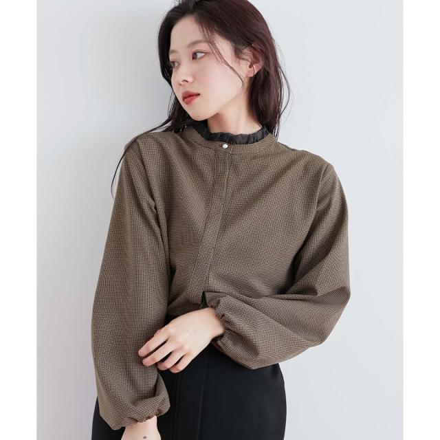 ルクールブラン（le．coeur blanc）/チェック柄オーガンジーフリルネックブラウス