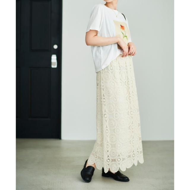 ルクールブラン（le．coeur blanc）/《手洗い可能》カギ針レースウエストリブスカート