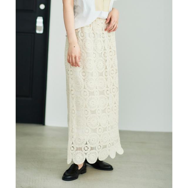 ルクールブラン（le．coeur blanc）/《手洗い可能》カギ針レースウエストリブスカート