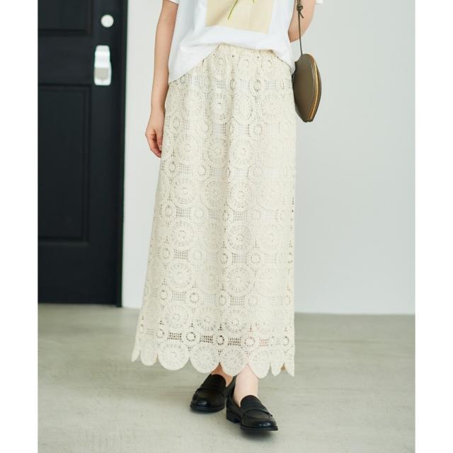 ルクールブラン（le．coeur blanc）/《手洗い可能》カギ針レースウエストリブスカート