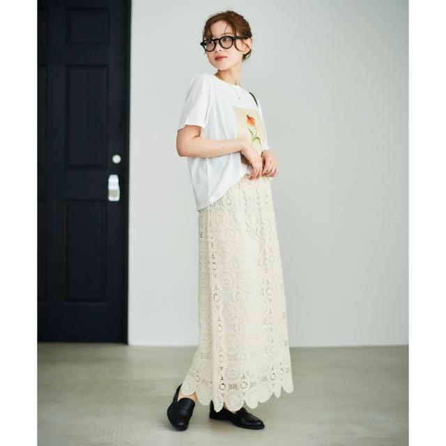 ルクールブラン（le．coeur blanc）/《手洗い可能》カギ針レースウエストリブスカート