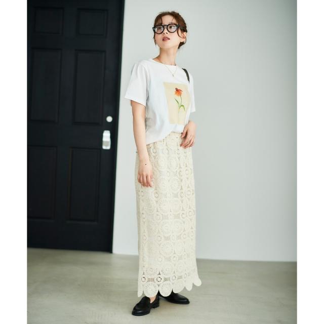 ルクールブラン（le．coeur blanc）/《手洗い可能》カギ針レースウエストリブスカート