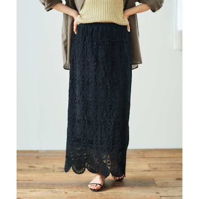 ルクールブラン（le．coeur blanc）/《手洗い可能》カギ針レースウエストリブスカート