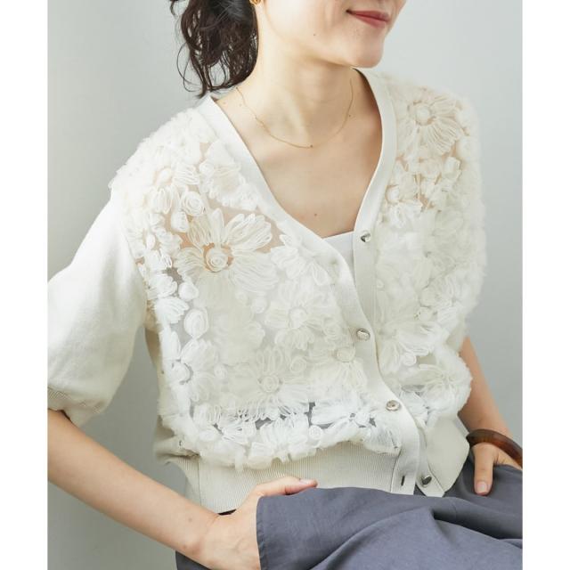 ルクールブラン（le．coeur blanc）/チュール刺繍ハーフスリーブカーディガン