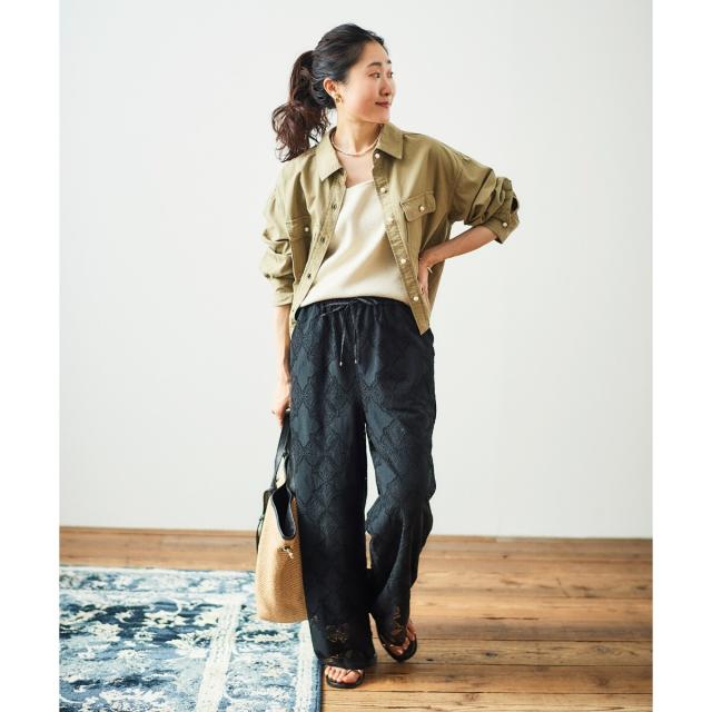 ルクールブラン（le．coeur blanc）/《手洗い可能》パッチワーク風レースイージーパンツ