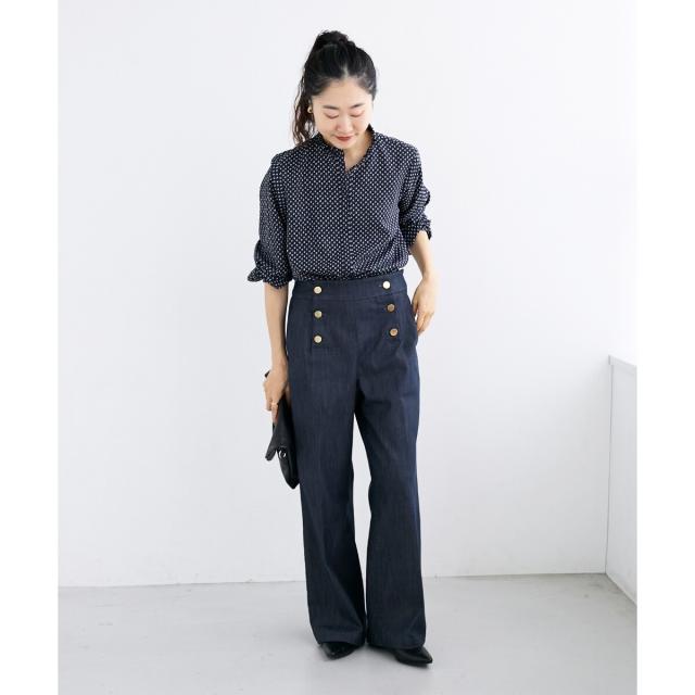 ルクールブラン（le．coeur blanc）/《手洗い可能》シャーリングネック幾何柄ブラウス