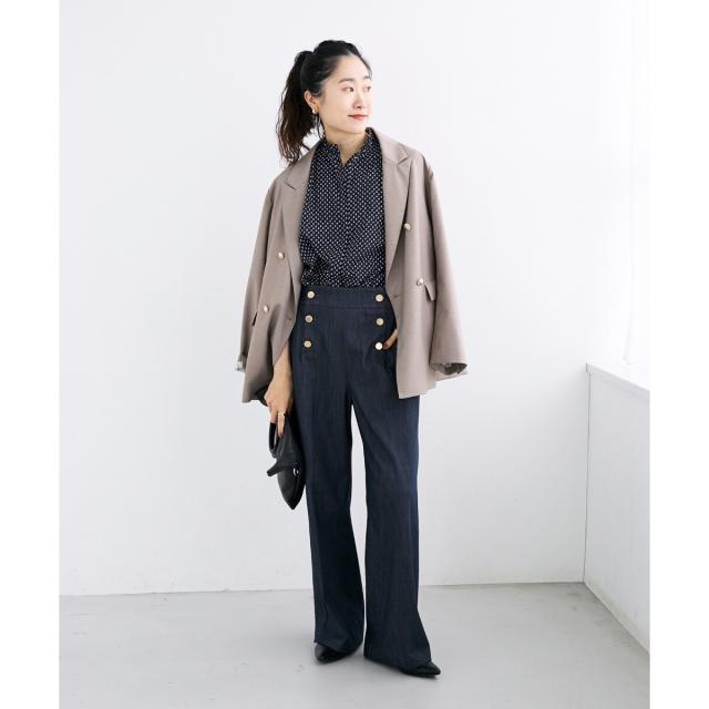 ルクールブラン（le．coeur blanc）/《手洗い可能》シャーリングネック幾何柄ブラウス