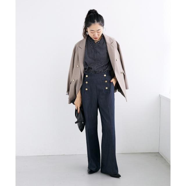 ルクールブラン（le．coeur blanc）/《手洗い可能》シャーリングネック幾何柄ブラウス