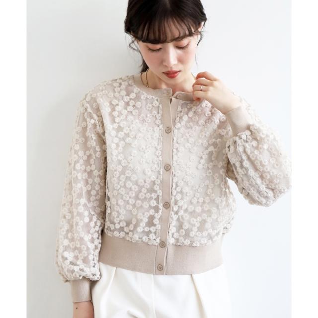 ルクールブラン（le．coeur blanc）/フラワーレース刺繍ニットカーディガン