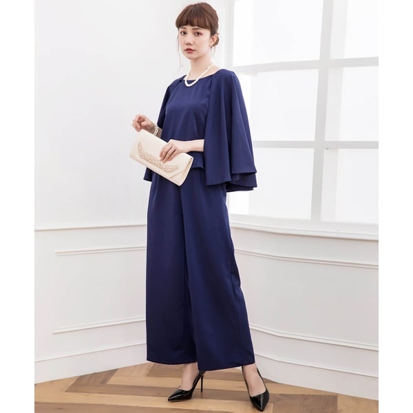 2色 パーティードレス パンツスタイル スリットスリーブ ケープ ドレスプラス(DRESS+)/スリットスリーブケープ風デザイン