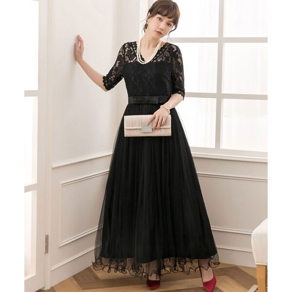 ドレスプラス（DRESS+）/ウエストリボン付きレース×チュール