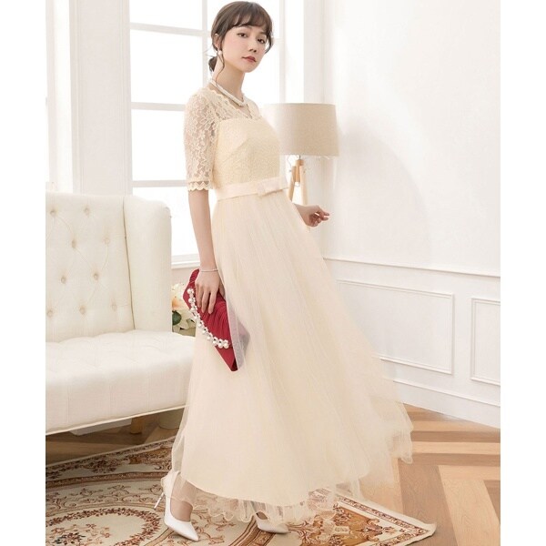 ドレスプラス（DRESS+）/ウエストリボン付きレース×チュールマキシ丈