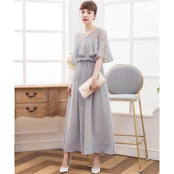 ドレスプラス（DRESS+）/胸元フリルのレースドッキングマキシ丈