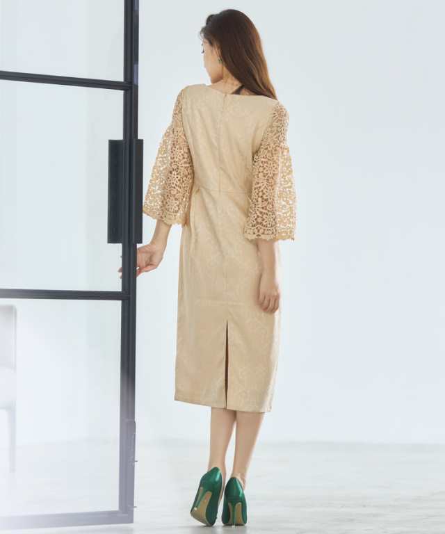 ドレスプラス（DRESS+）/レース×ダマスク柄ドッキングミモレ丈ワンピースドレス