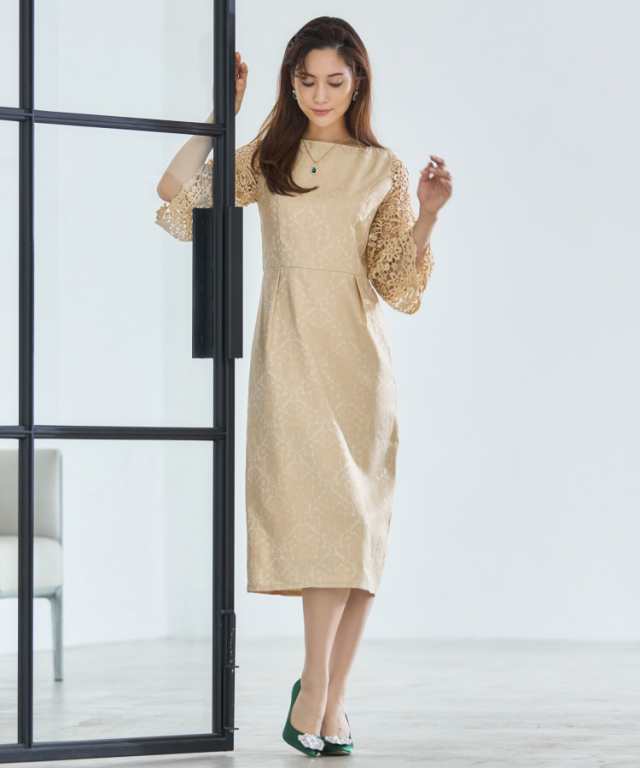 ドレスプラス（DRESS+）/レース×ダマスク柄ドッキングミモレ丈