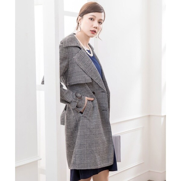 ドレスプラス（DRESS+）/グレンチェックウエストリボントレンチコート ドレスプラス（DRESS+）/グレンチェックウエストリボントレンチコート
