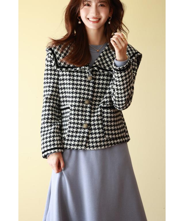 セゾン ド パピヨン（SAISON DE PAPILLON）/千鳥格子柄ウール混ダブルフェイスセーラーカラーショートコート