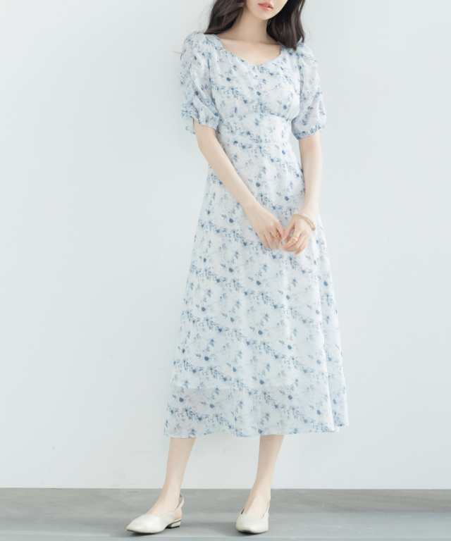 セゾン ド パピヨン（SAISON DE PAPILLON）/花柄ギャザースリーブミモレ丈ワンピースの通販はひざ丈
