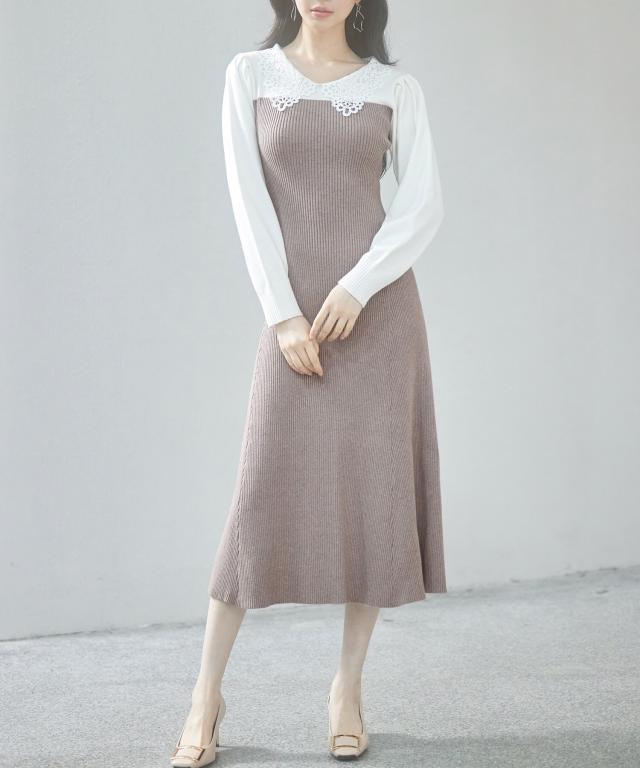 セゾン ド パピヨン（SAISON DE PAPILLON）/レース襟バイカラーニットワンピースの通販は