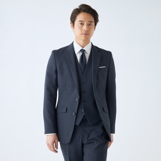 スーツセレクト（SUIT SELECT）/【SLIM TAPERED_2】春夏・2釦ノータックスリーピーススーツ ネイビー グレンチェック