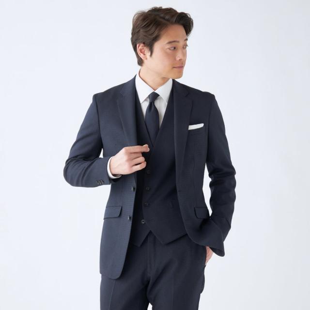 スーツセレクト（SUIT SELECT）/【オールシーズン】スリーピースノータック ネイビー ピンヘッド ※パンツ裾上げ済