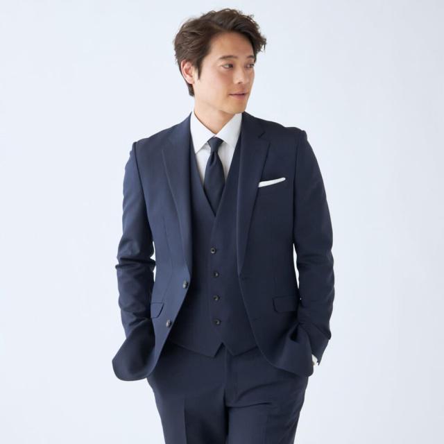 スーツセレクト（SUIT SELECT）/【オールシーズン】2釦スリーピーススーツ ノータック ネイビー ヘリンボーン ※パンツ裾上げ済仕様