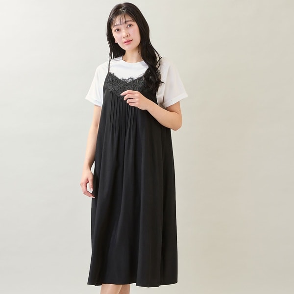 ミゼール（missel）/【洗える・体型カバー・M〜3Lサイズ】レーストリムキャミワンピース（ブラック）_4