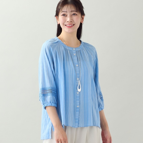 【NEW】ミゼール（missel）/【EC＆一部店舗限定・洗える・3Lサイズあり】シャーリングストライプブラウス