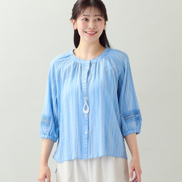 【NEW】ミゼール（missel）/【EC＆一部店舗限定・洗える・3Lサイズあり】シャーリングストライプブラウス_3