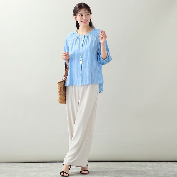 【NEW】ミゼール（missel）/【EC＆一部店舗限定・洗える・3Lサイズあり】シャーリングストライプブラウス_7
