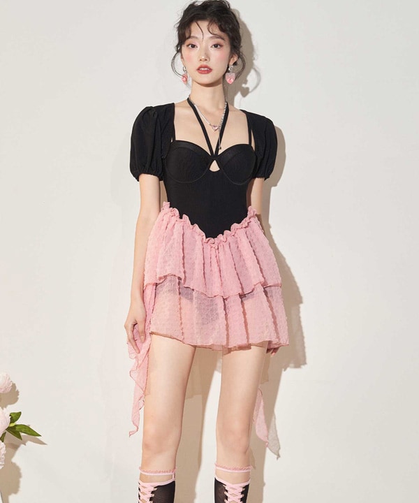 オシャレボ（OSYAREVO）/2023 新作 カーディガン付き ティアードフリル ワンピース水着の通販は 5,527円