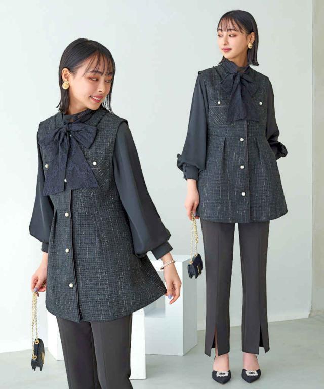 ルイルエブティック（RUIRUE BOUTIQUE）/【S〜3L】カラーツイードジレ＆スリムストレートパンツスーツ