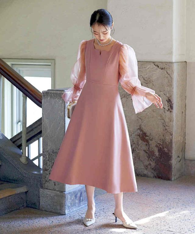 kazu❣️ 　RUIRUE BOUTIQUEドレスオーガンジースリーブ オケージョン 】オーガンジースリーブ フレアワンピースドレス
