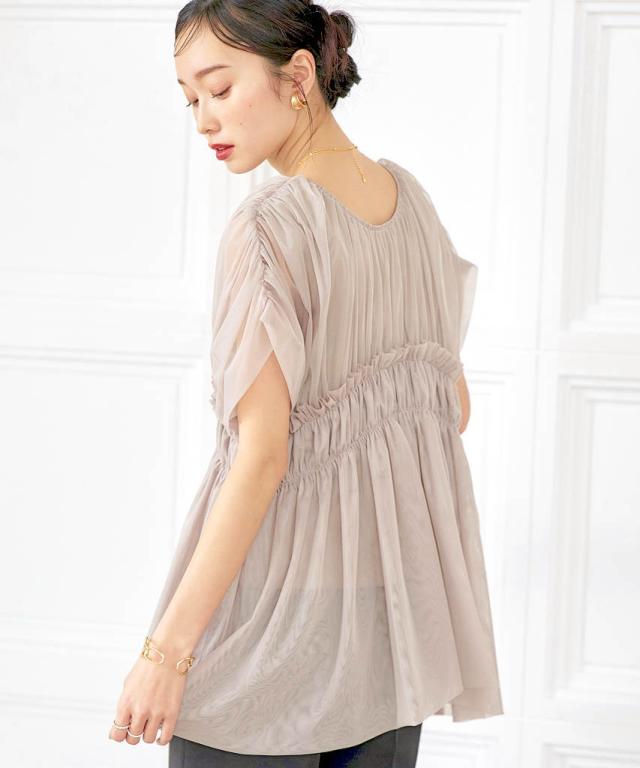 ルイルエブティック（RUIRUE BOUTIQUE）/【S〜3L】【洗える】シャーリングチュールトップス＆テーパードパンツセット その他スーツ