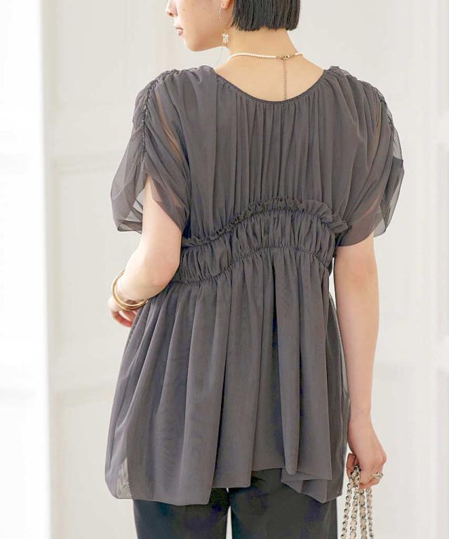 ルイルエブティック（RUIRUE BOUTIQUE）/【S〜3L】【洗える】シャーリングチュールトップス＆テーパードパンツセット その他スーツ