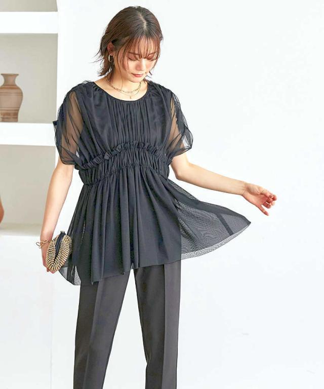ルイルエブティック（RUIRUE BOUTIQUE）/【S〜3L】【洗える】シャーリングチュールトップス＆テーパードパンツセット その他スーツ