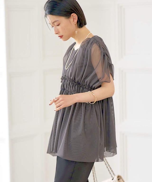 ルイルエブティック（RUIRUE BOUTIQUE）/【S〜3L】【洗える】シャーリングチュールトップス＆テーパードパンツセット その他スーツ