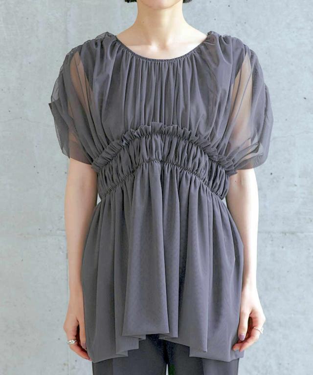 ルイルエブティック（RUIRUE BOUTIQUE）/【S〜3L】【洗える】シャーリングチュールトップス＆テーパードパンツセット その他スーツ