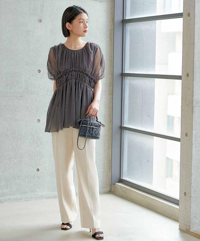 ルイルエブティック（RUIRUE BOUTIQUE）/【S〜3L】【洗える】シャーリングチュールトップス＆テーパードパンツセット その他スーツ