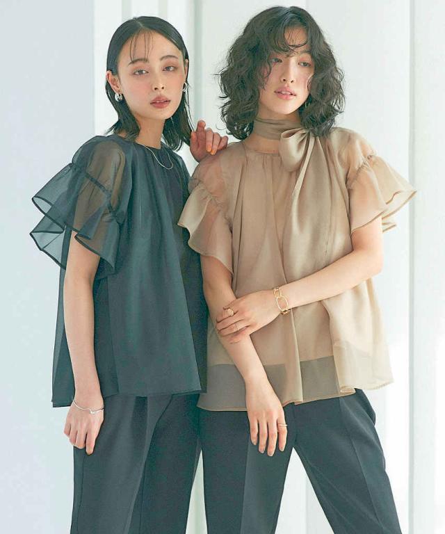 ルイルエブティック（RUIRUE BOUTIQUE）/【S〜3L】オーガンジーフレアトップス＆シークレットゴム・スリムテーパードパンツ（ボウタイ…