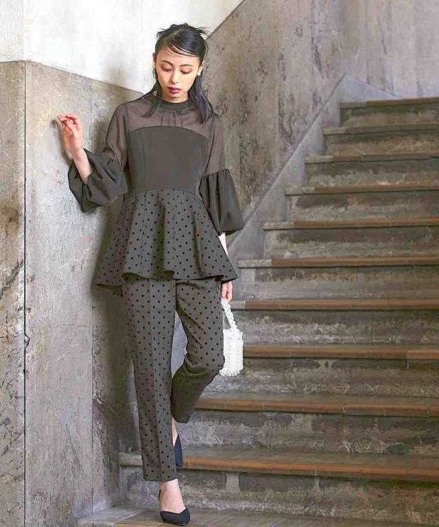 RUIRUEBOUTIQUE ボリュームスリーブペプラムトップステーパードパンツ オケージョンドレス 結婚式 ｜ ボリュームスリーブペプラム