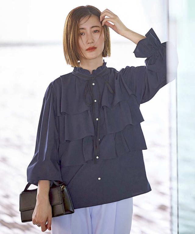 ルイルエブティック（RUIRUE BOUTIQUE）/【S〜LL】バイカラーリボンティアードフリルブラウス