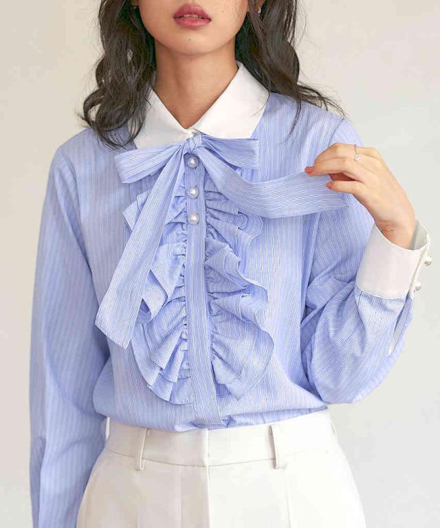 ルイルエブティック（RUIRUE BOUTIQUE）/【S〜LL】デザインパールボタンストライプフリルシャツ